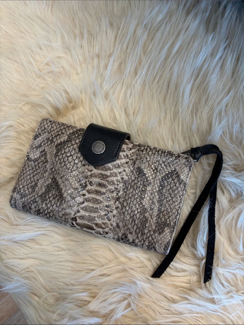 Aimee Kestenberg Gray Snake-Print Leather Wristlet with Black Snap and Strap